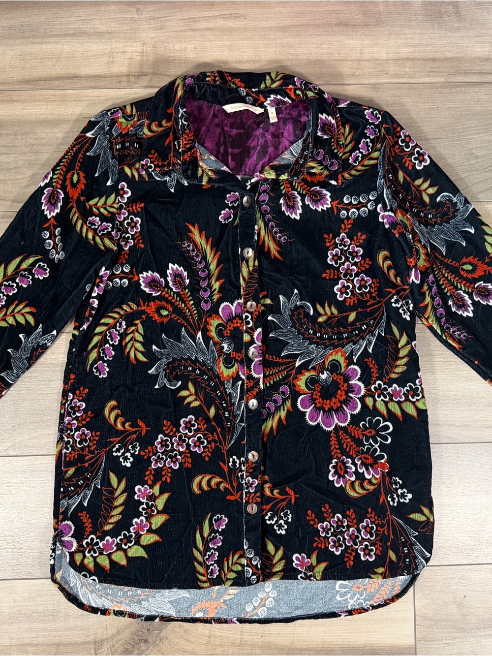 Soft Surroundings Velvet Floral Button Front Tunic Shirt Size M Boho